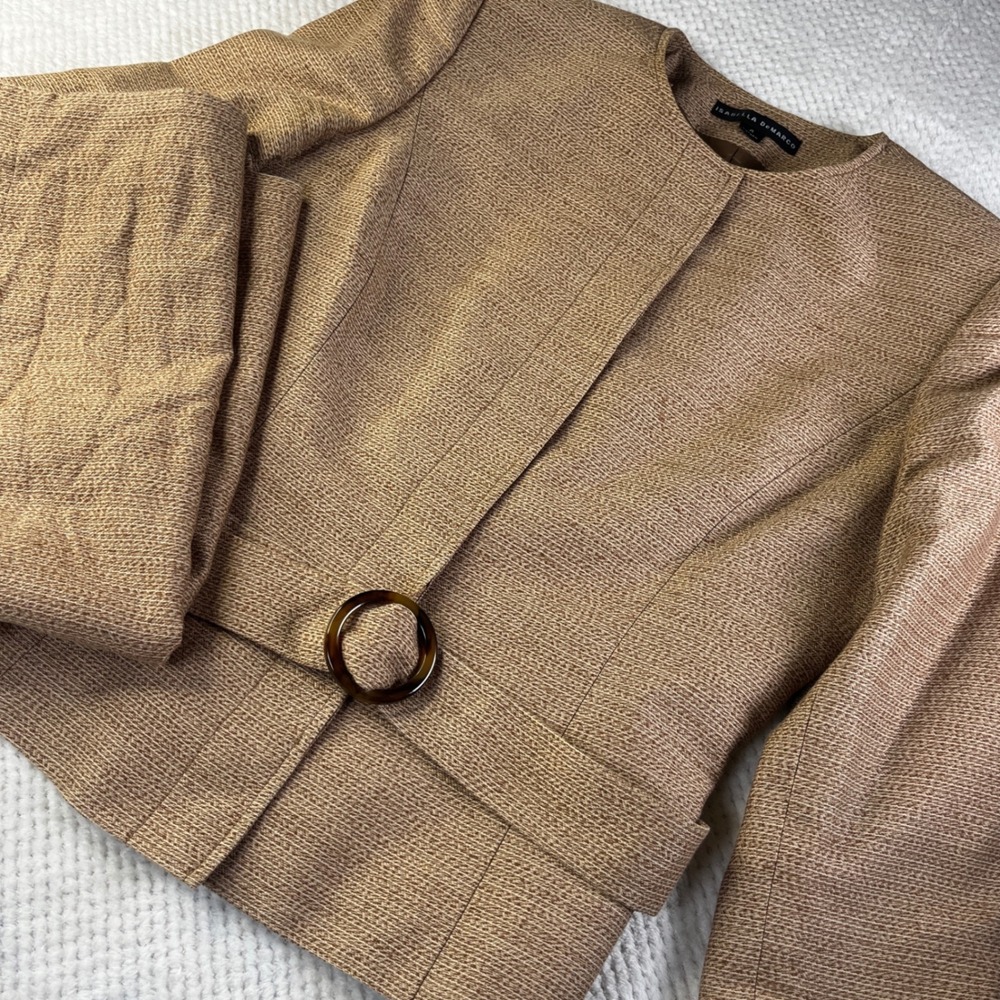 Isabella DeMarco Silk Blend Skirt Suit Tan 2‎ Piece Ring Buckle Jacket Skirt 4